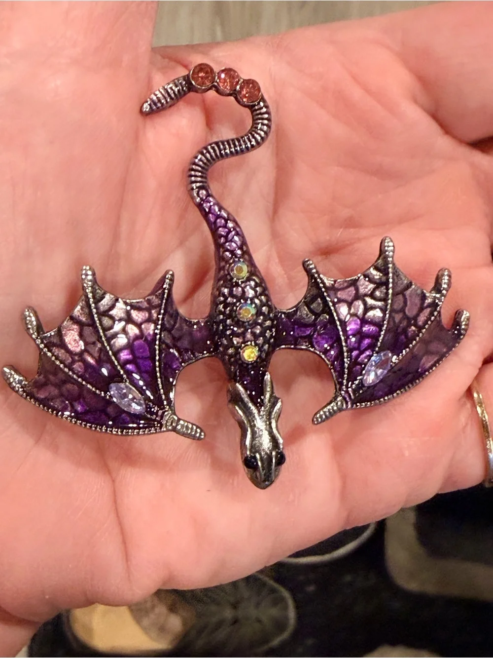 Purple & Pink Enamel silver tone Dragon Brooch with AB Accents